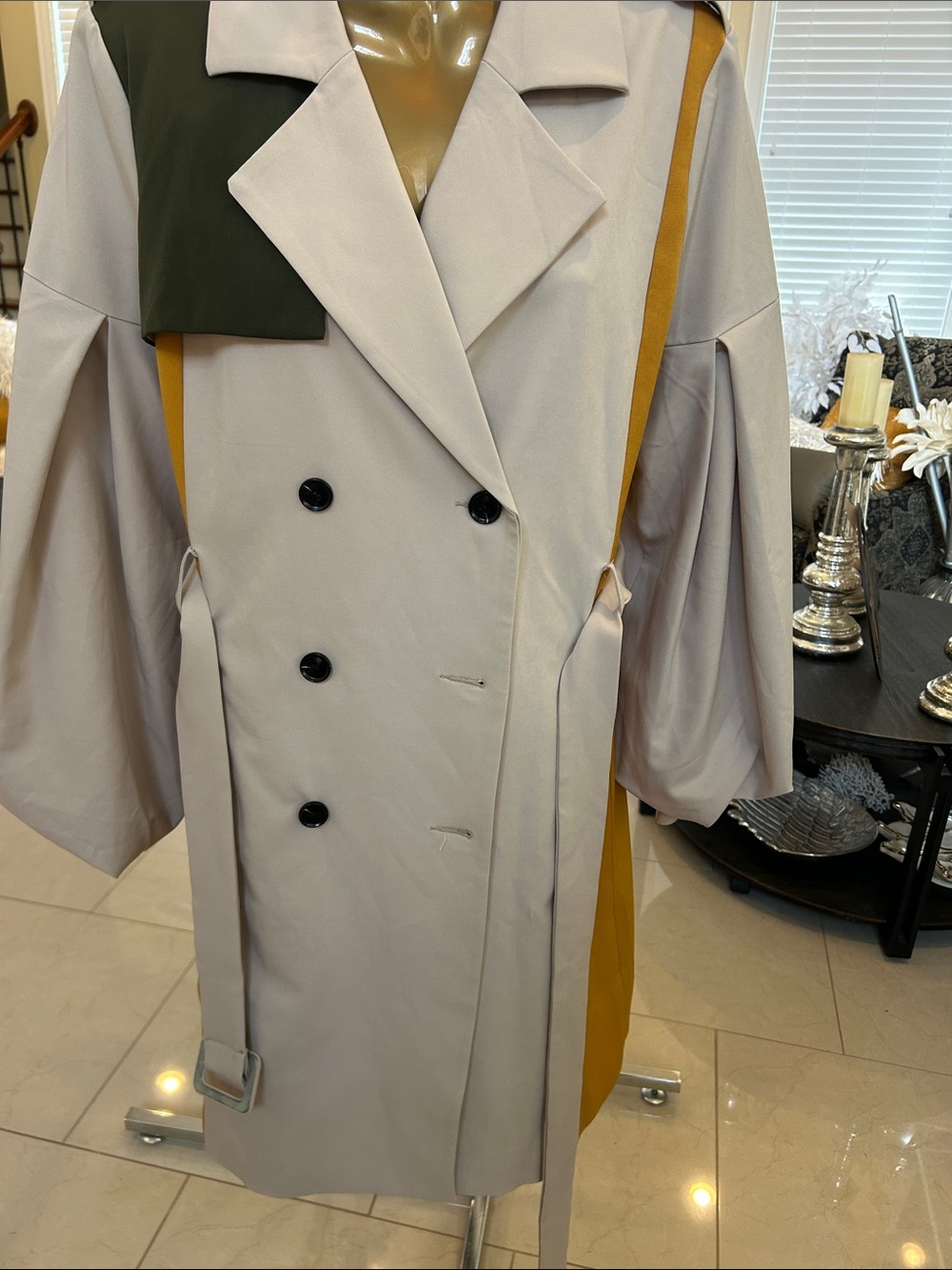 Endless Rose Colorblock Trench Coat - Light Gray, Mustard & Olive Never worn
